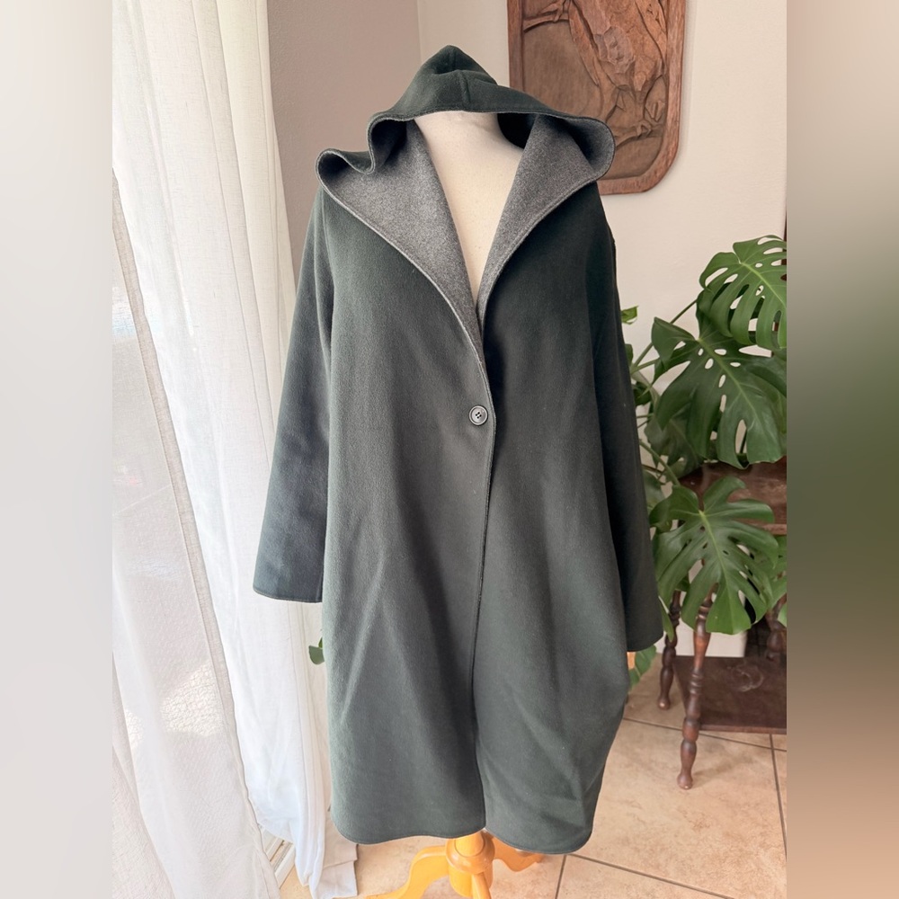 Olive Green Hooded Coat | Oversized Minimalist Wool Blend | Fits XL